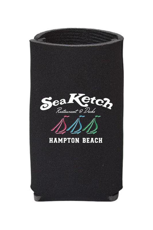 Black slim can holder with Sea Ketch Hampton Beach logo and colorful tri-sail graphic.