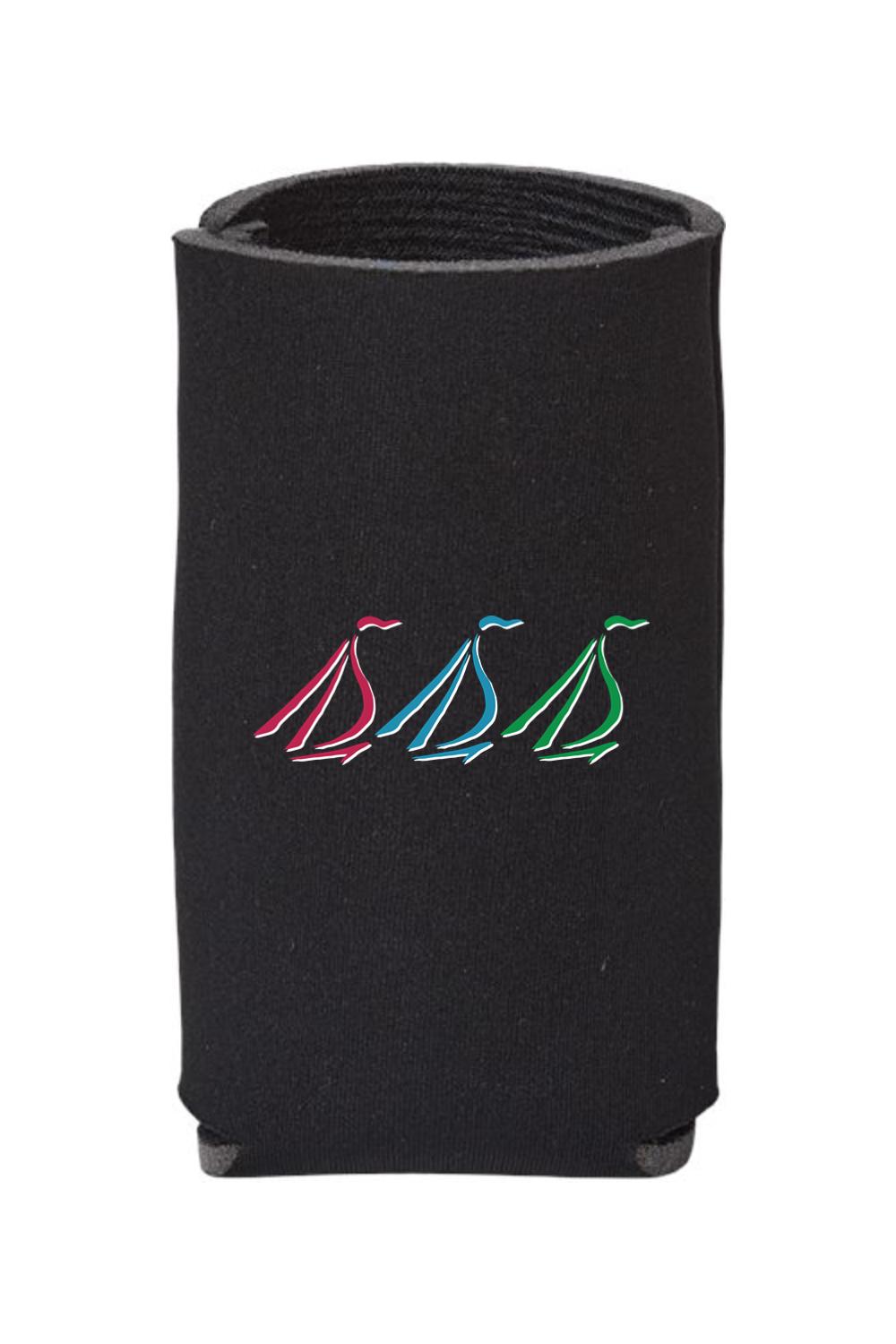 Black neoprene slim can cooler featuring a tri-sail graphic in red, blue, and green on the front.
