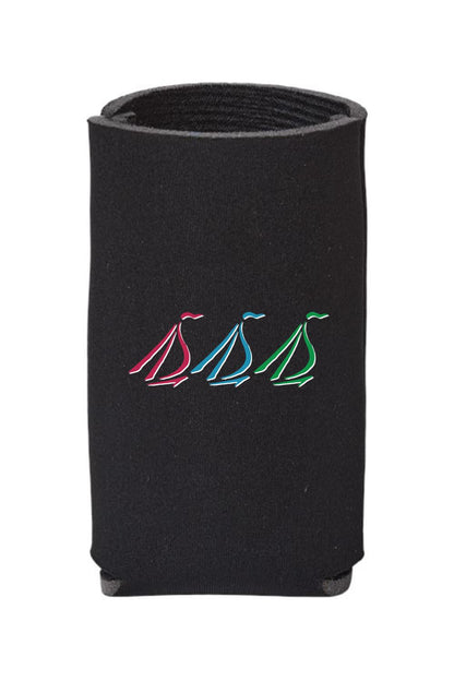 Black neoprene slim can cooler featuring a tri-sail graphic in red, blue, and green on the front.