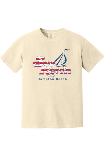 Cream-colored Comfort Colors men's t-shirt featuring a distressed red, white, and blue Sea Ketch Hampton Beach logo.