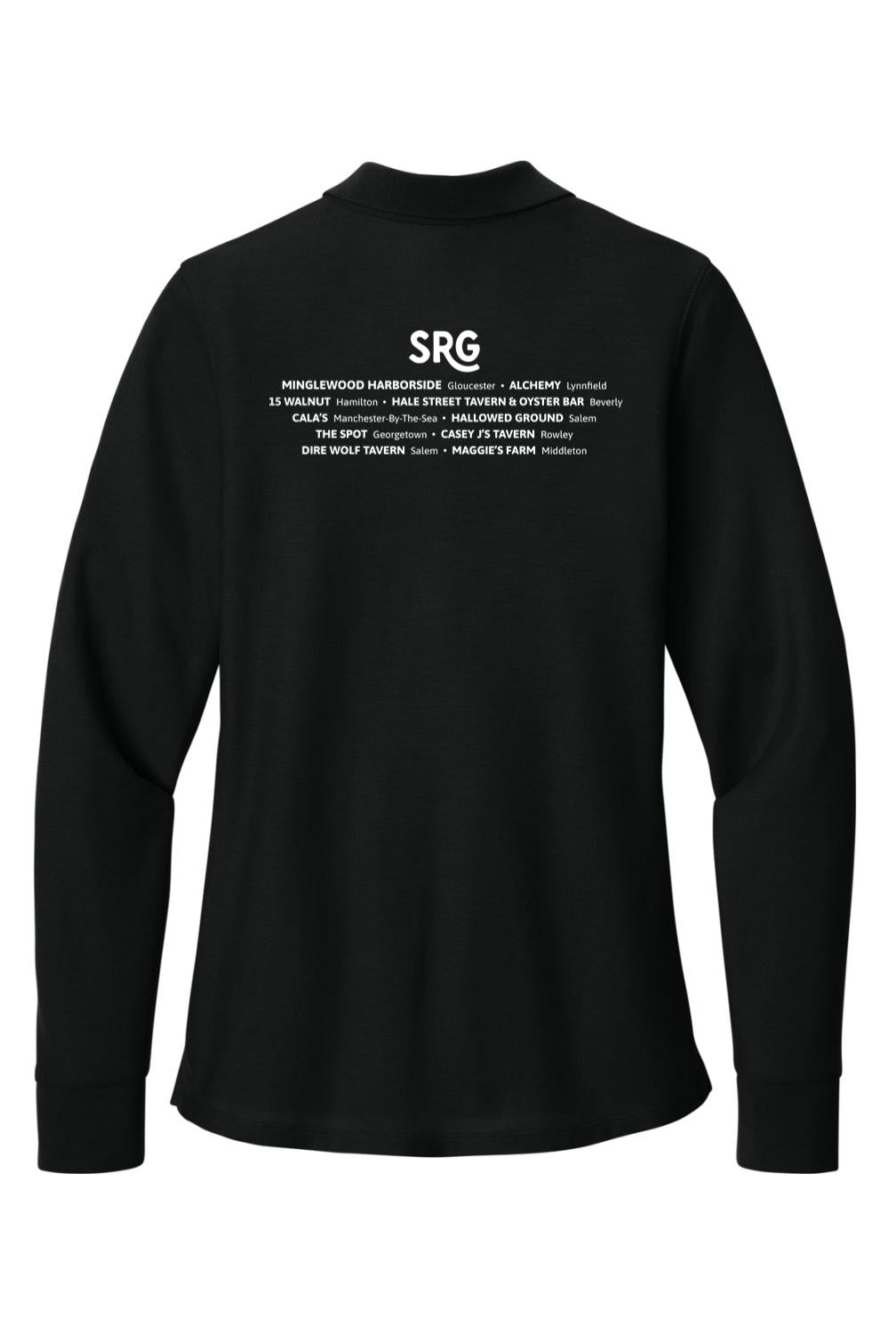 Back view of a black women's long sleeve polo featuring a white SRG logo and restaurant list printed on the back.