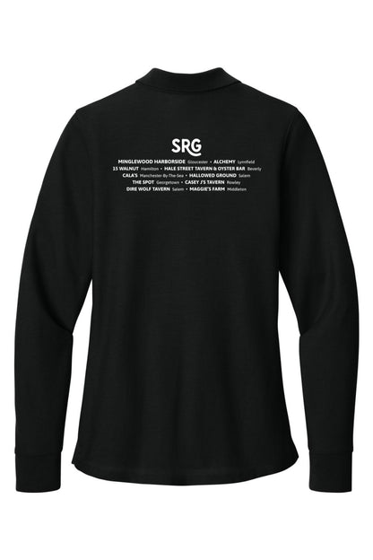 Back view of a black women's long sleeve polo featuring a white SRG logo and restaurant list printed on the back.