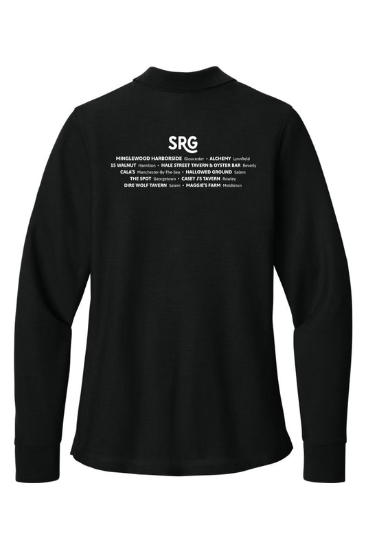 Back view of a black women's long sleeve polo featuring a white SRG logo and restaurant list printed on the back.