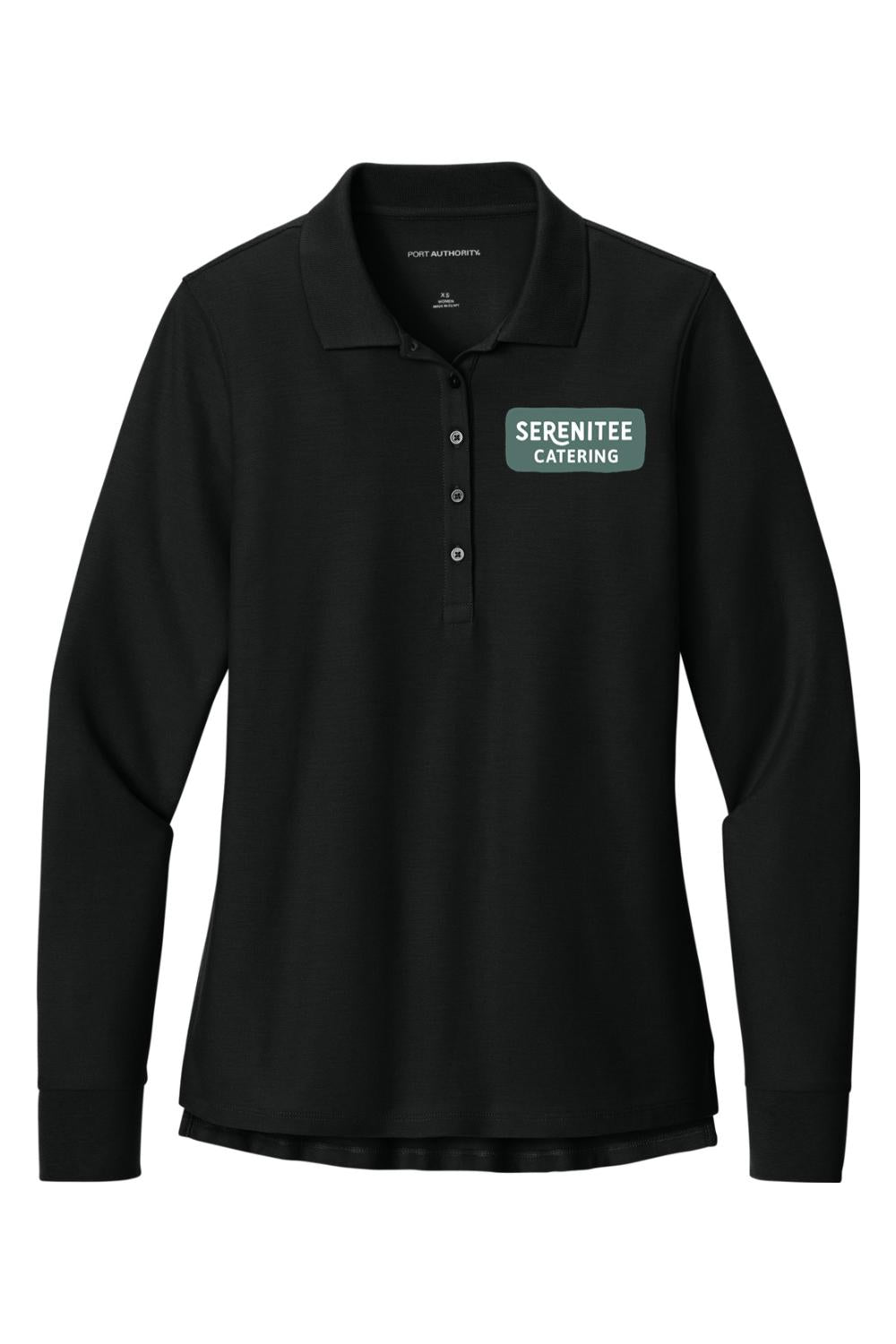 Black women's long sleeve polo shirt with a button placket and Serenitee Catering logo on the chest.