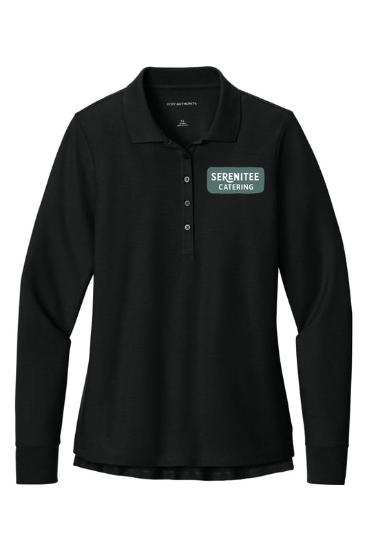 Black women's long sleeve polo shirt with a button placket and Serenitee Catering logo on the chest.