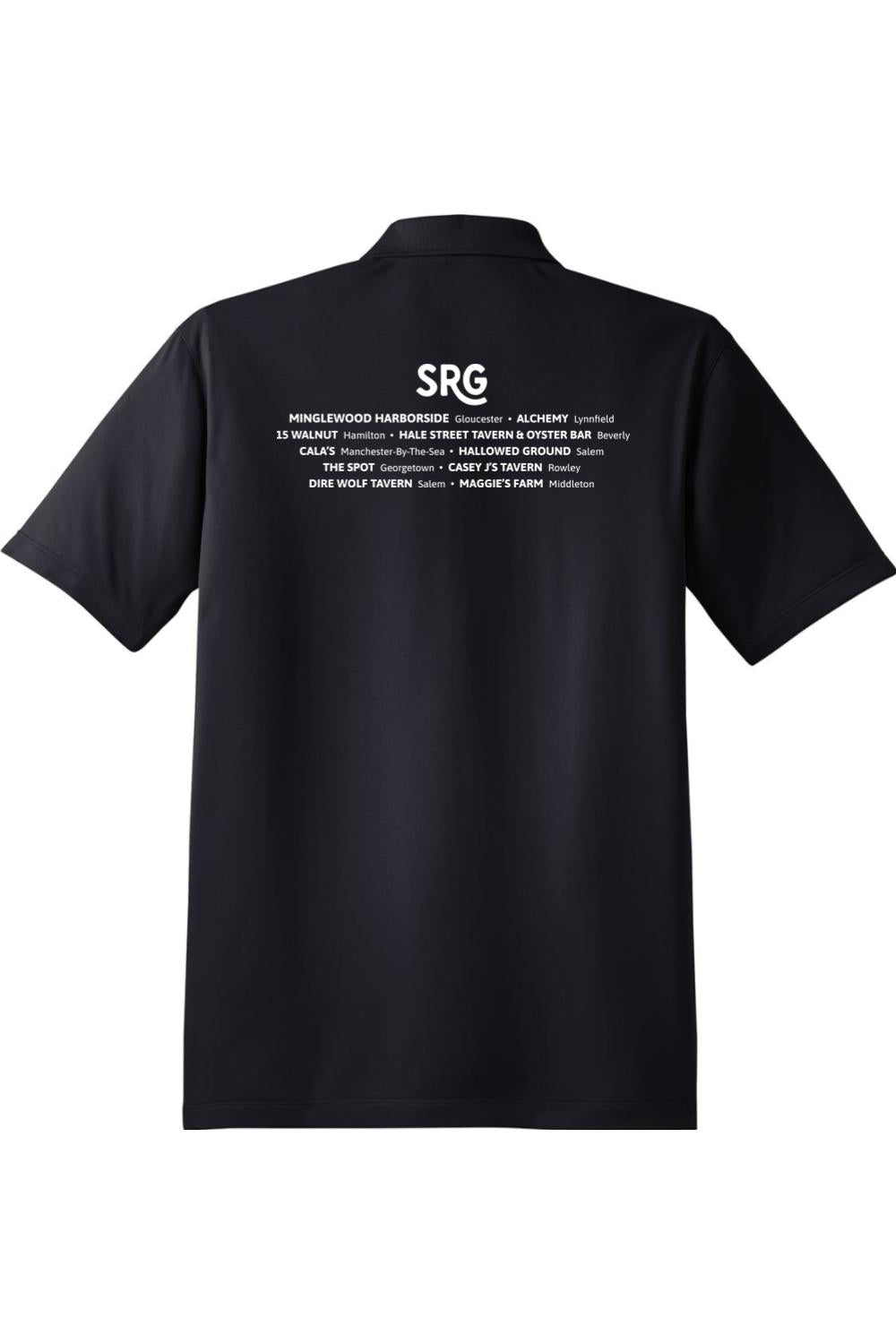 Back view of a black moisture-wicking micropique polo shirt featuring a white SRG logo and restaurant list on the back.