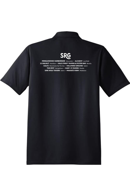 Back view of a black moisture-wicking micropique polo shirt featuring a white SRG logo and restaurant list on the back.