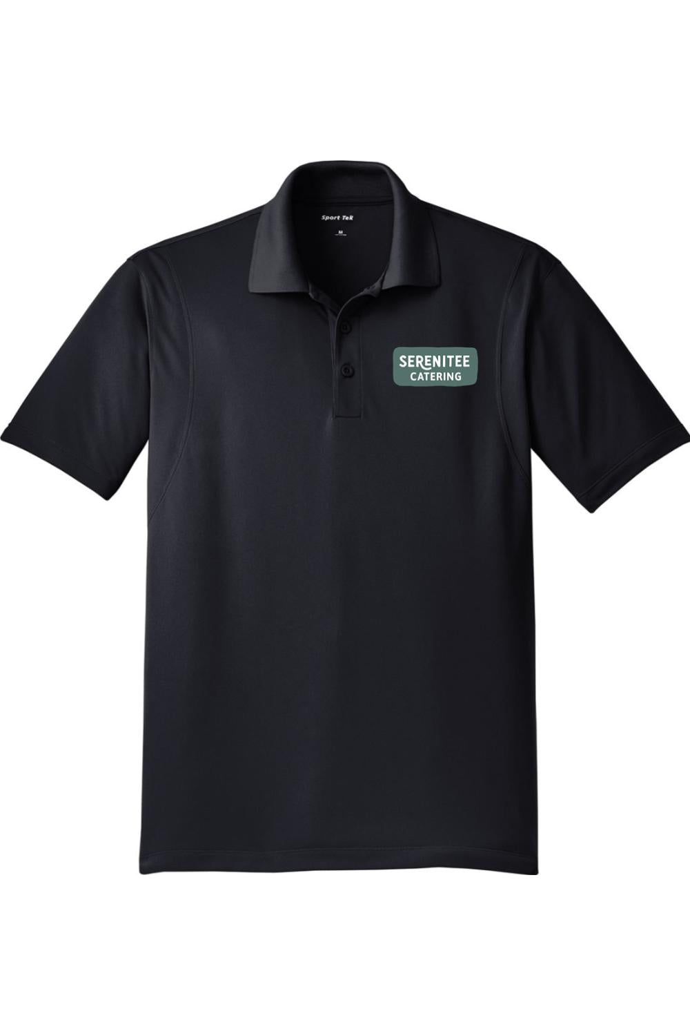 Black Serenitee Catering men's Sport-Wick micropique polo shirt with a three-button placket and moisture-wicking fabric.