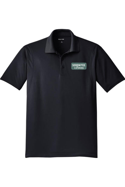 Black Serenitee Catering men's Sport-Wick micropique polo shirt with a three-button placket and moisture-wicking fabric.