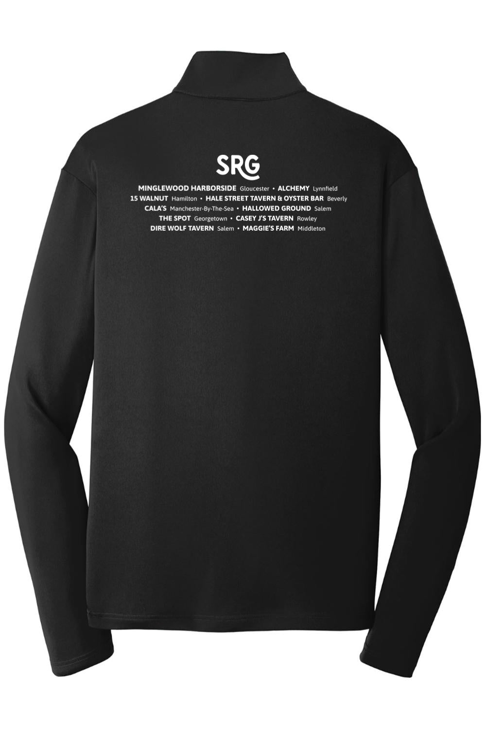 Black moisture-wicking 1/4-zip pullover featuring white SRG branding and restaurant list on the back.