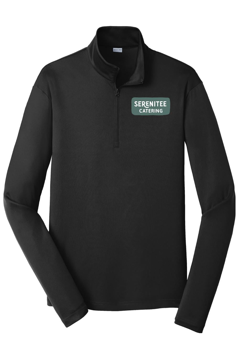 Black moisture-wicking 1/4-zip pullover featuring a green Serenitee Catering logo on the chest.