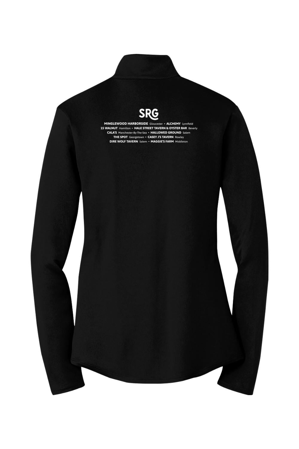 Back view of a black moisture-wicking women's 1/4-zip pullover featuring white Serenitee Catering restaurant branding.