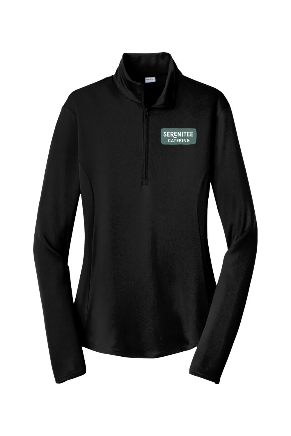 Black women's moisture-wicking 1/4-zip pullover with Serenitee Catering logo on the chest.