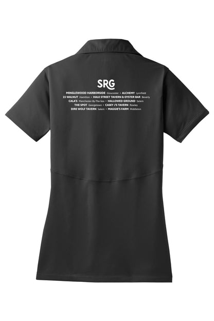 Back view of a black moisture-wicking women's polo featuring a white SRG logo and restaurant list on the upper back.
