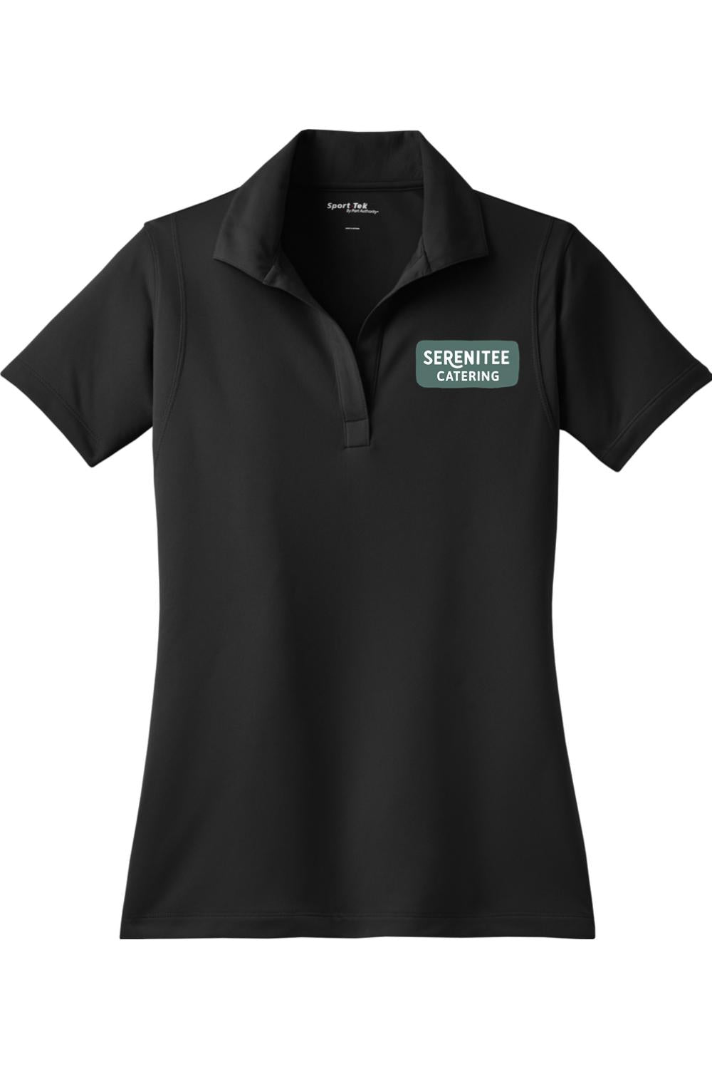 Black moisture-wicking women's polo shirt with a Serenitee Catering logo on the chest and a classic collar.
