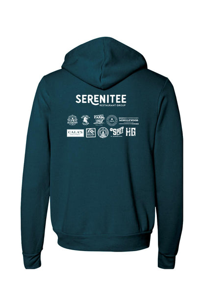 Teal sponge fleece full-zip hoodie featuring the white Serenitee Restaurant Group logo and restaurant icons on the back.