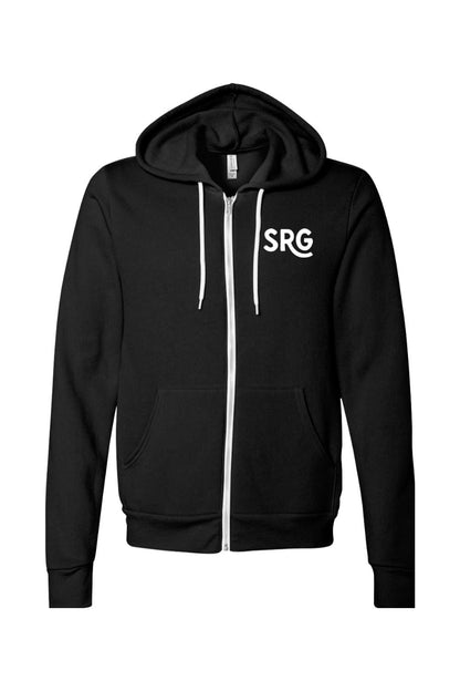 Black sponge fleece full-zip hoodie with white drawstrings and a white SRG logo on the chest.