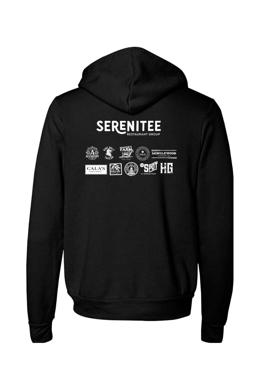 Black sponge fleece full-zip hoodie featuring the white Serenitee Restaurant Group logo and restaurant icons on the back.