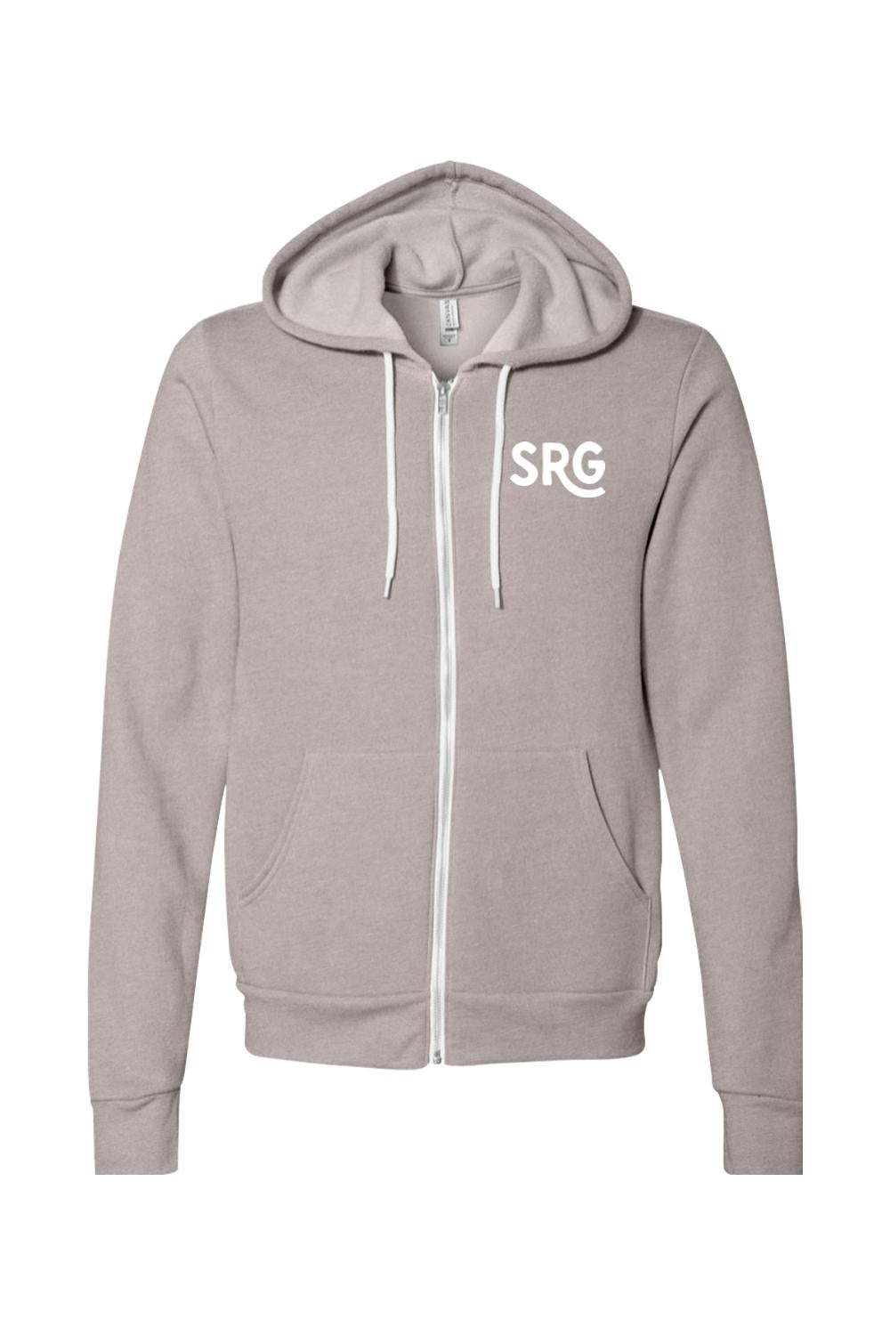 Light gray sponge fleece full-zip hoodie with white drawstring and SRG logo on the chest.