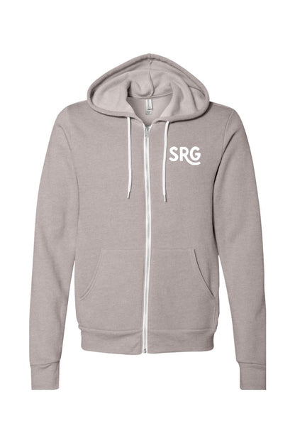Light gray sponge fleece full-zip hoodie with white drawstring and SRG logo on the chest.
