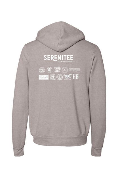 Grey sponge fleece full-zip hoodie featuring the white Serenitee Restaurant Group logo and restaurant icons on the back.