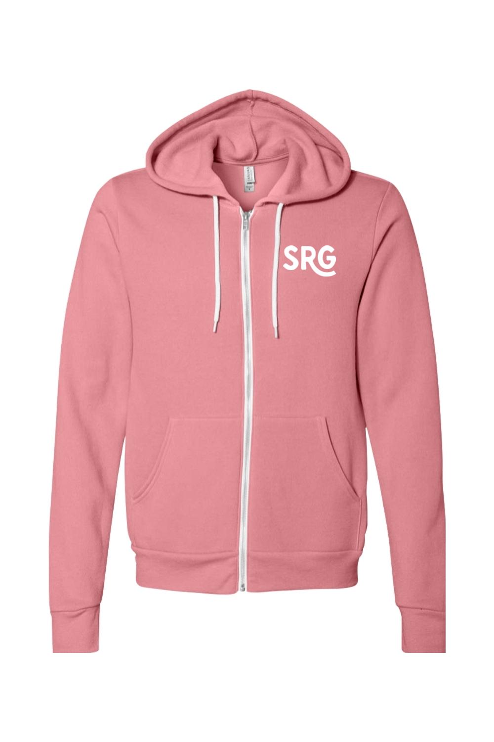 Dusty rose sponge fleece full-zip hoodie with white drawstring and white SRG logo on the chest.