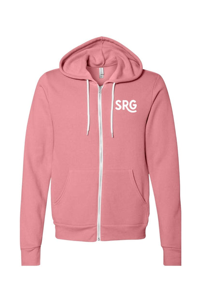 Dusty rose sponge fleece full-zip hoodie with white drawstring and white SRG logo on the chest.