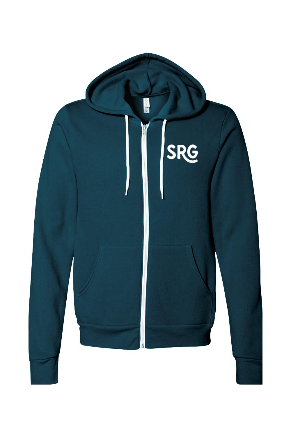 Teal sponge fleece full-zip hoodie with white drawstrings and SRG logo on the chest.