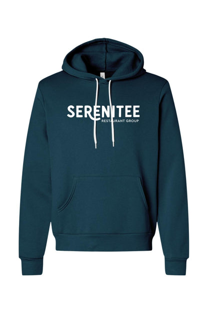 Dark teal sponge fleece hoodie with white Serenitee Restaurant Group logo, drawstring hood, and front kangaroo pocket.