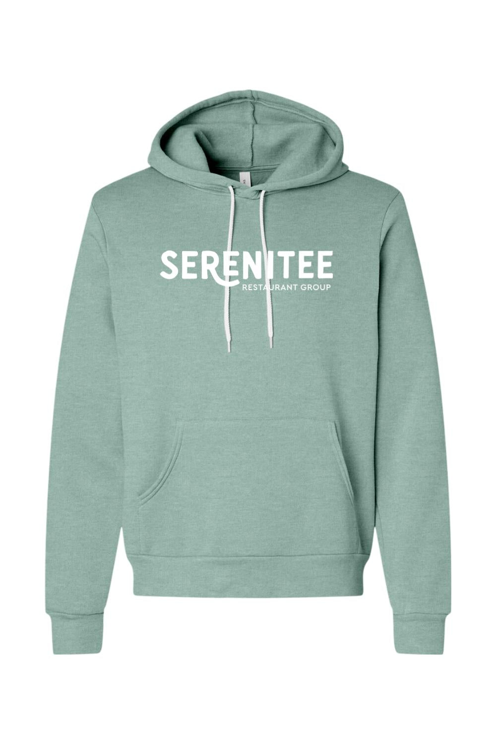 Sage green sponge fleece hoodie with white Serenitee Restaurant Group logo, drawstring hood, and front kangaroo pocket.