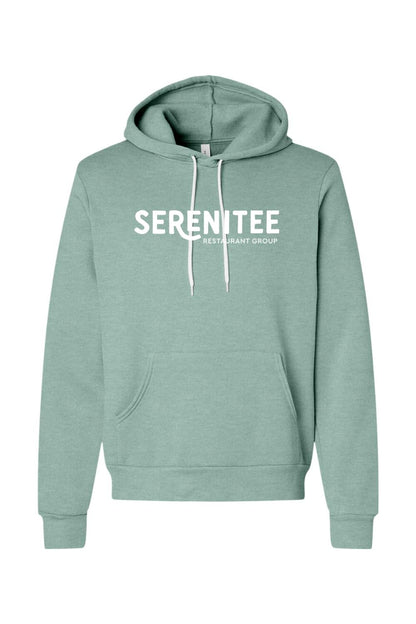 Sage green sponge fleece hoodie with white Serenitee Restaurant Group logo, drawstring hood, and front kangaroo pocket.