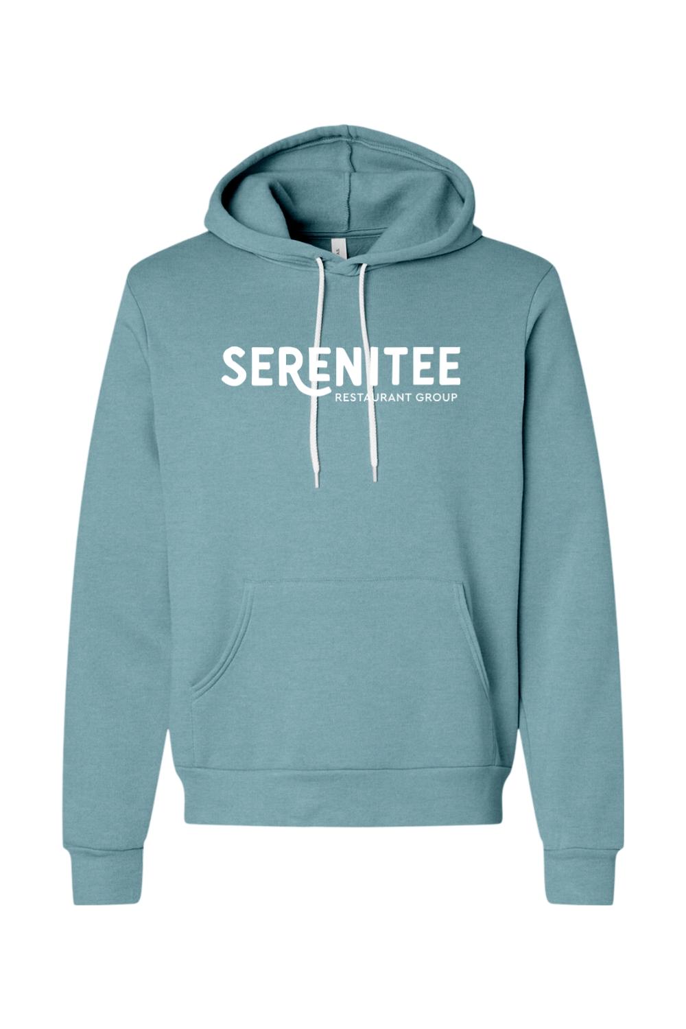 Teal blue sponge fleece hoodie featuring a white Serenitee Restaurant Group logo, drawstring hood, and front pocket.