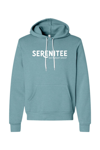 Teal blue sponge fleece hoodie featuring a white Serenitee Restaurant Group logo, drawstring hood, and front pocket.