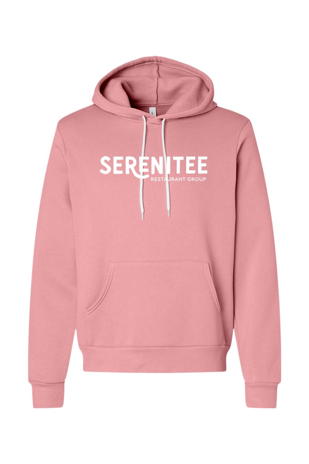 Dusty rose sponge fleece hoodie with white Serenitee Restaurant Group logo, drawstring hood, and front kangaroo pocket.