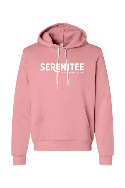 Dusty rose sponge fleece hoodie with white Serenitee Restaurant Group logo, drawstring hood, and front kangaroo pocket.