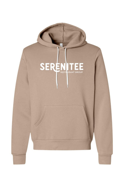 Tan sponge fleece hoodie with white Serenitee Restaurant Group logo, featuring a front pocket and drawstring hood.