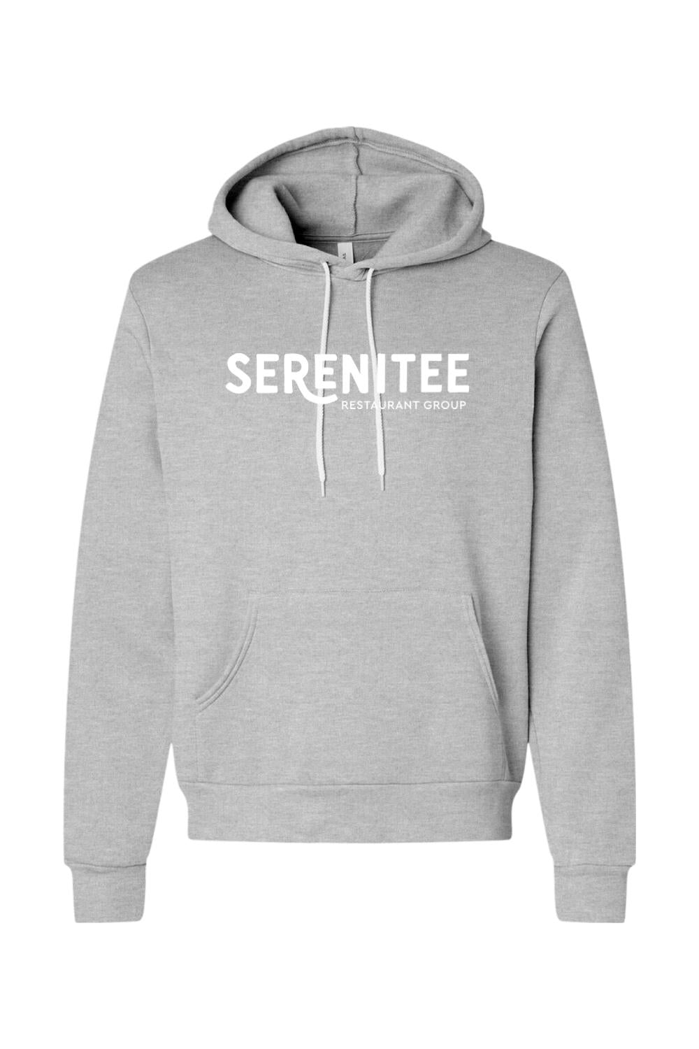 Grey sponge fleece hoodie with white Serenitee Restaurant Group logo, featuring a drawstring hood and front pocket.