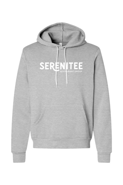 Grey sponge fleece hoodie with white Serenitee Restaurant Group logo, featuring a drawstring hood and front pocket.