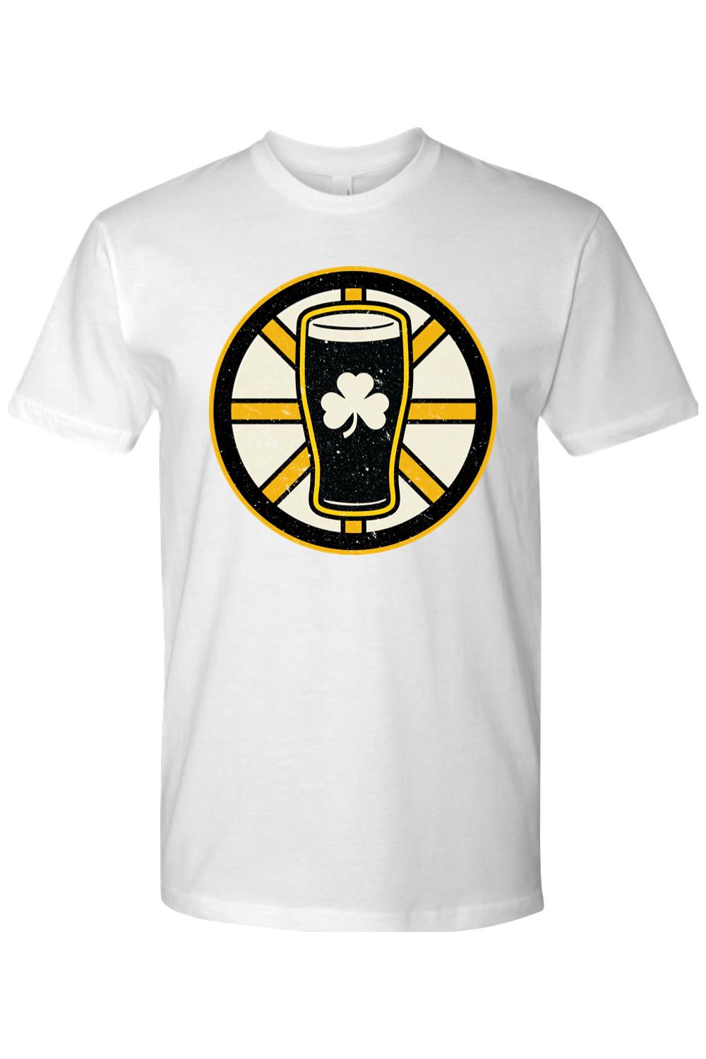 White cotton men's t-shirt featuring a black and gold hockey-style logo with a beer pint and shamrock graphic.