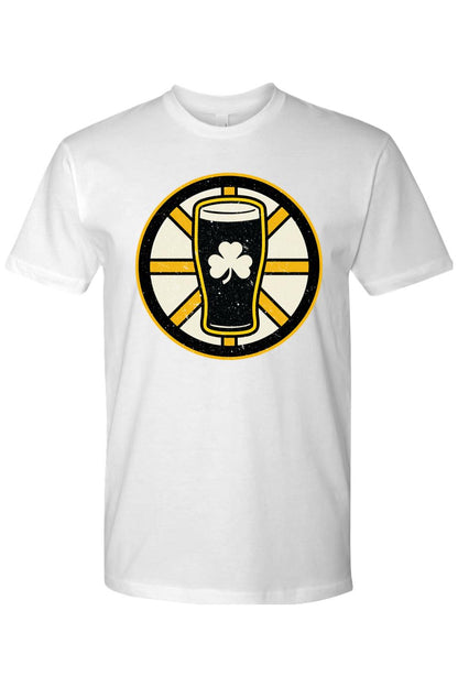 White cotton men's t-shirt featuring a black and gold hockey-style logo with a beer pint and shamrock graphic.