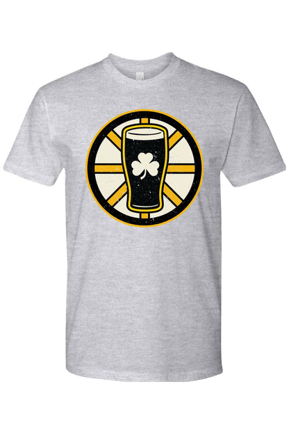 Grey cotton t-shirt featuring a black and gold hockey-inspired graphic of a pint glass with a white shamrock.