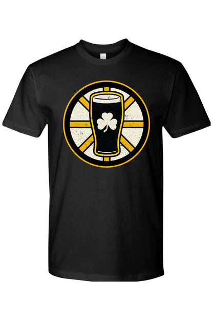 Black cotton men's t-shirt featuring a gold and black hockey-style emblem with a pint glass and white shamrock graphic.