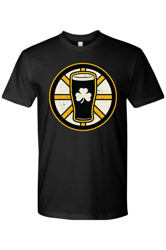 Black cotton men's t-shirt featuring a gold and black hockey-style emblem with a pint glass and white shamrock graphic.