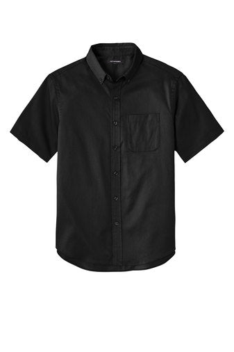 Black short-sleeve button-down twill shirt with a button-down collar and a left chest pocket.