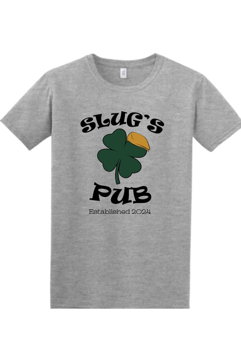 Grey cotton t-shirt featuring a Slug's Pub logo with a green shamrock wearing a yellow cap, established 2024.