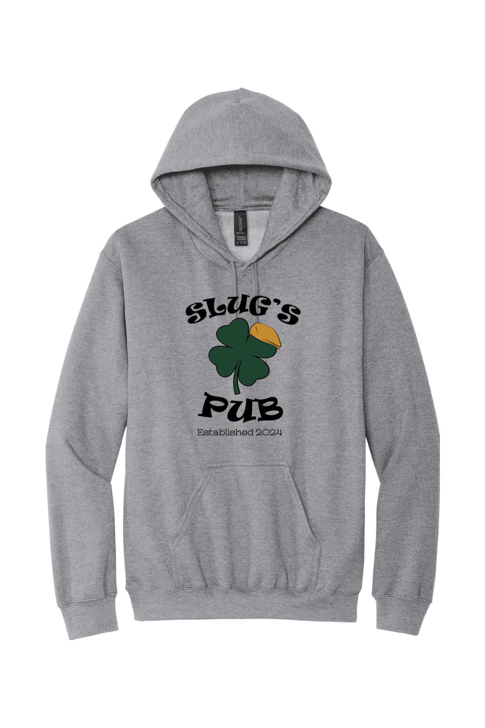 Grey heather pullover hoodie featuring a Slug's Pub logo with a green shamrock and yellow cap graphic.