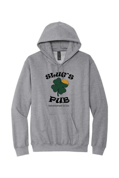 Grey heather pullover hoodie featuring a Slug's Pub logo with a green shamrock and yellow cap graphic.