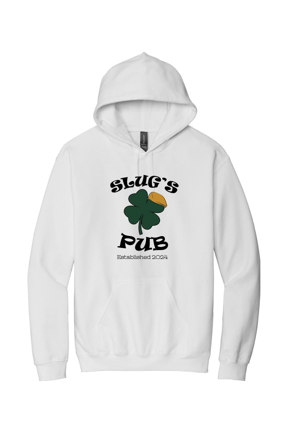 White pullover hoodie featuring a green shamrock logo with a gold cap and Slug’s Pub text on the chest.