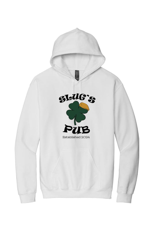 White pullover hoodie featuring a green shamrock logo with a gold cap and Slug’s Pub text on the chest.