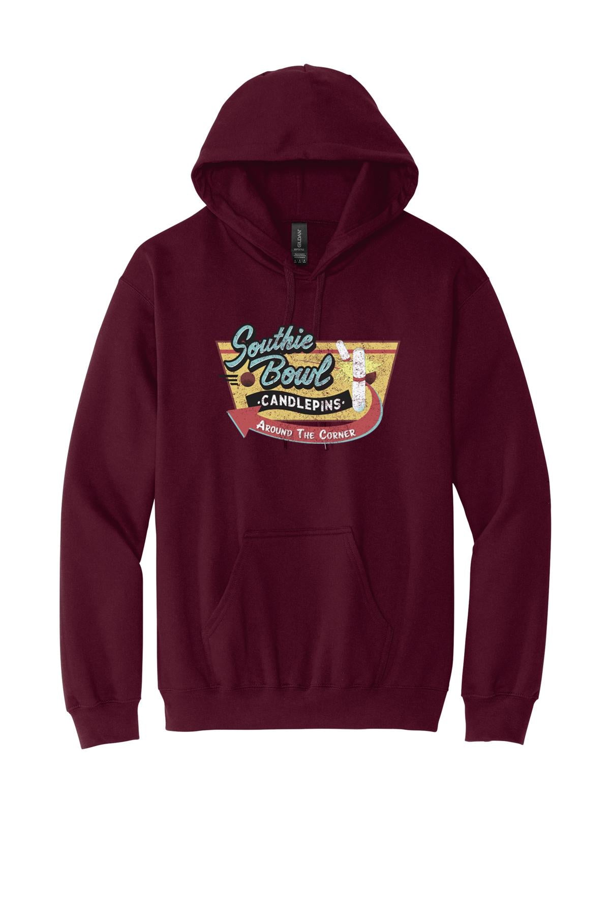 Maroon men's hoodie with a vintage Southie Bowl logo, featuring a drawstring hood and front kangaroo pocket.